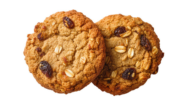 Two oatmeal raisin cookies with visible oats and dried fruit