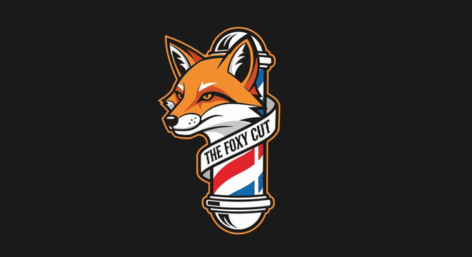 Fox Head Logo with Barber Pole and Ribbon - The Foxy Cut
