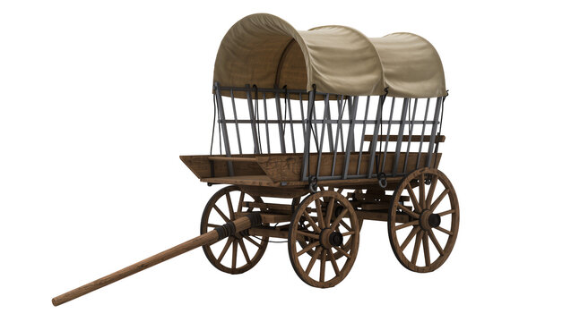 Old wooden covered wagon with canvas roof and large wheels