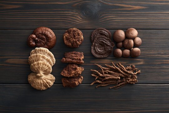Assortment of dried medicinal mushrooms and roots arranged on a dark wooden background, top view.