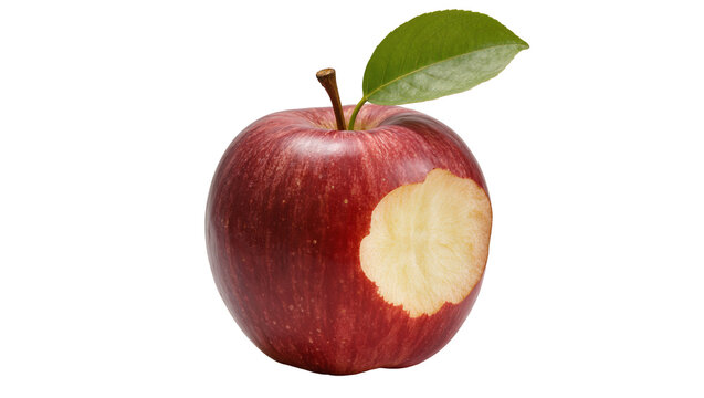 Red apple with bite mark and green leaf