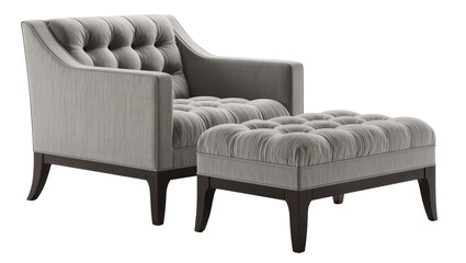 Naklejka premium Tufted armchair and ottoman set with grey fabric and dark wood legs