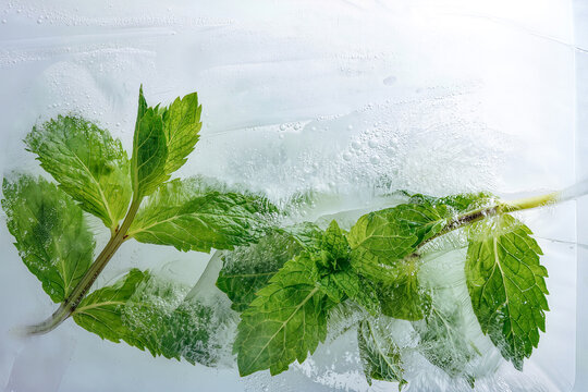 Mint sprigs encased inside textured melting ice cuboid background