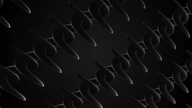Abstract 3D black chain pattern animation, futuristic glossy interwoven rounded shapes, dark geometric technology background, 4k, 60 fps, HUD, loop