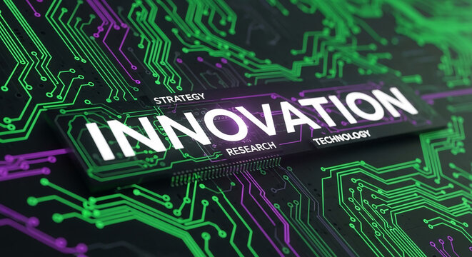 Glowing circuit board with "INNOVATION" text, symbolizing technological advancement and future progress, perfect for science and technology themes