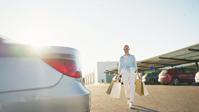 Woman placing shopping bags into car trunk in parking lot after shopping trip, loading purchases into vehicle before driving away in city lifestyle.Shopping, everyday shopping, retail therapy concept
