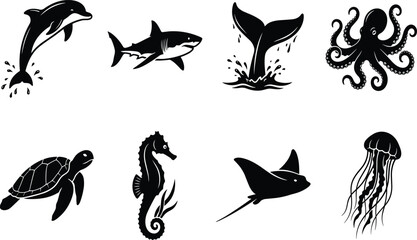 Marine Life Silhouette Vector Icon Set Featuring Dolphin Shark Whale Octopus Turtle Seahorse Stingray Jellyfish Ocean Animals Collection** © Madu