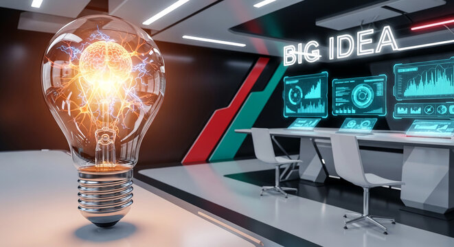 A glowing lightbulb with a brain and electrical currents inside, symbolizing a big idea in a futuristic meeting room with holographic displays, representing innovation and intelligence