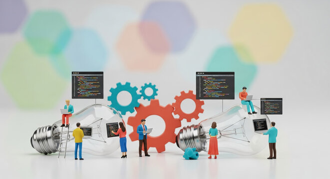 Miniature people interact with large lightbulbs, code screens, and gears, symbolizing teamwork, innovation, and the process of development.