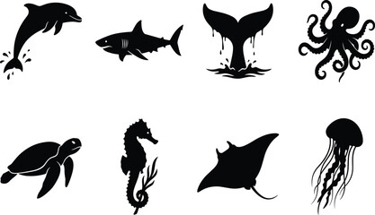 Sea life silhouette icons set featuring dolphin shark whale tail octopus sea turtle seahorse stingray and life silhouette icons set featuring dolphin shark whale tail octopus sea turtle seahorse  © Madu