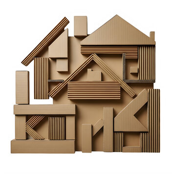 Abstract house shape made of brown cardboard boxes and geometric construction blocks for real estate