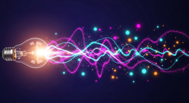 Glowing light bulb emitting vibrant energy waves and sparkling particles, symbolizing creativity, innovation, and bright ideas against a dark background