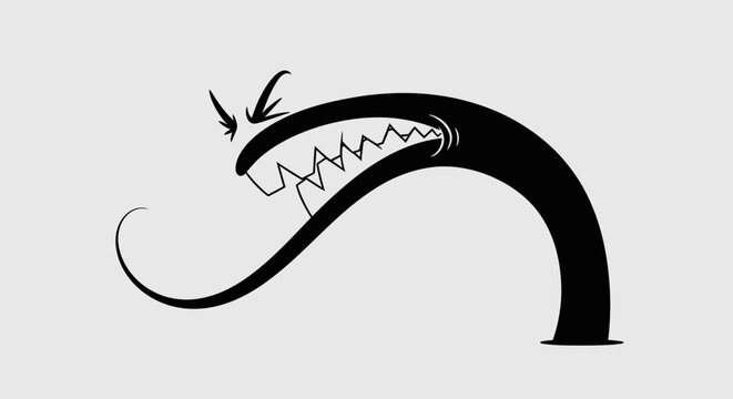 A black illustration of a monster-like creature with sharp teeth and a long tail.