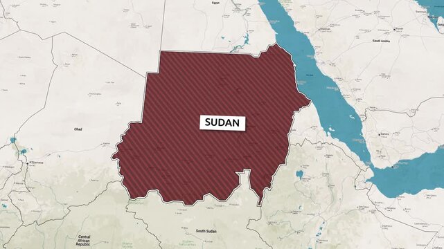 Borders of the state of Sudan on the map. Country Sudan on the map is highlighted by a polygonal border. Map animation. From above zooming in with panoramic view