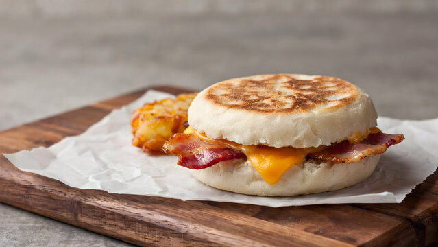 A breakfast sandwich with bacon and melted cheese on a wooden board