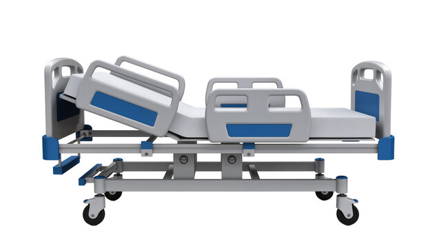 Adjustable hospital bed with wheels and blue accents