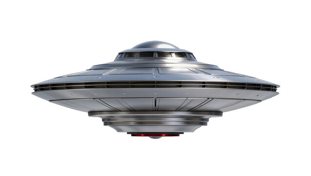Silver metallic flying saucer with red lights underneath