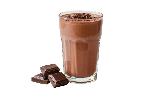 Chocolate milkshake in tall glass with chocolate shavings and pieces