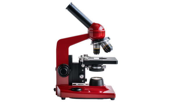 Red and black compound microscope with metal lenses and stage