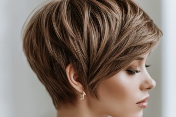 Fototapeta premium Close-up profile of a woman with a stylish short brown haircut and subtle makeup, wearing an earring.