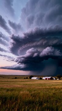 Massive Supercell Thunderstorm Cloud Over Rural Farm Landscape