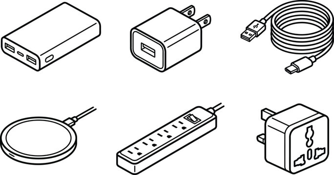 Set of electronic charging devices and power accessories minimalist isometric line art vector illustration for technology concepts and digital lifestyle