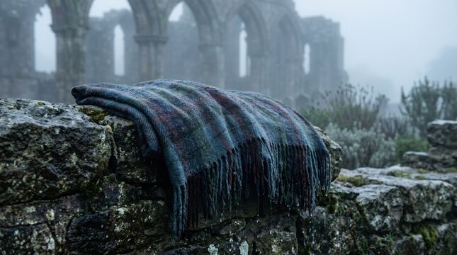 A warm, colorful blanket lies casually on a rough stone wall. Behind it, ancient ruins emerge from the soft morning mist, creating an enchanting atmosphere of mystery and nostalgia.