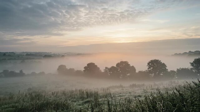 Misty rural landscape with trees and fields under a cloudy sunrise sky in countryside nature