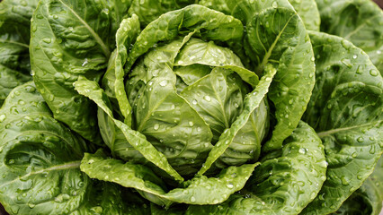 Fototapeta premium Fresh head of green romaine lettuce with water droplets on the leaves