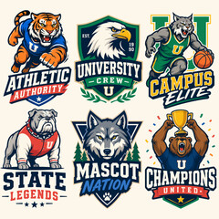 Obraz premium Collection of six vibrant university sports mascot logos featuring various animals like a tiger, eagle, bobcat, bulldog, wolf, and bear, each with unique athletic branding and text.