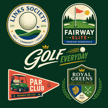 A collection of five vintage-style golf club and golf-themed logos and emblems on a dark green background, featuring various golf elements like balls, flags, carts, and courses.