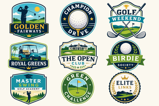 A collection of nine vintage-style golf club and golf course logos featuring various golf-related elements and text.