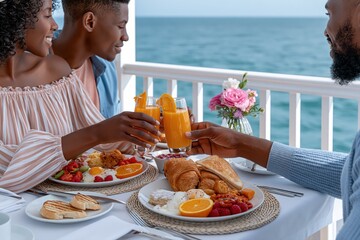 Obraz premium Couple enjoying a delicious breakfast with orange juice by the sea, celebrating a special occasion.