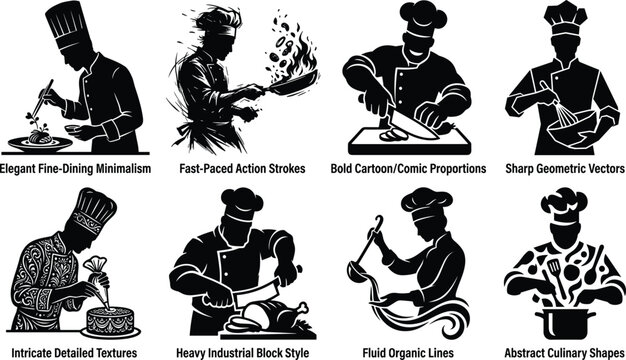 Set of professional chef silhouettes in different artistic styles cooking baking tossing food and chopping ingredients on white of professional chef silhouettes in different artistic styles cooking.