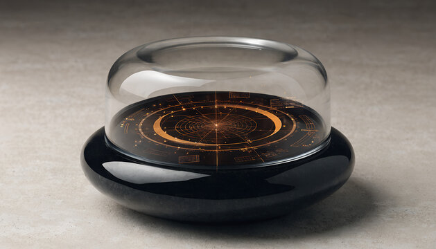 Abstract glowing galactic core simulation inside a glass dome with simulation