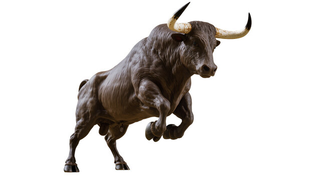 Powerful brown bull with large horns charging forward