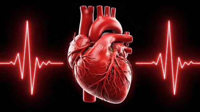 A 3D animated human heart beats against a black background with a glowing red EKG pulse line behind it.