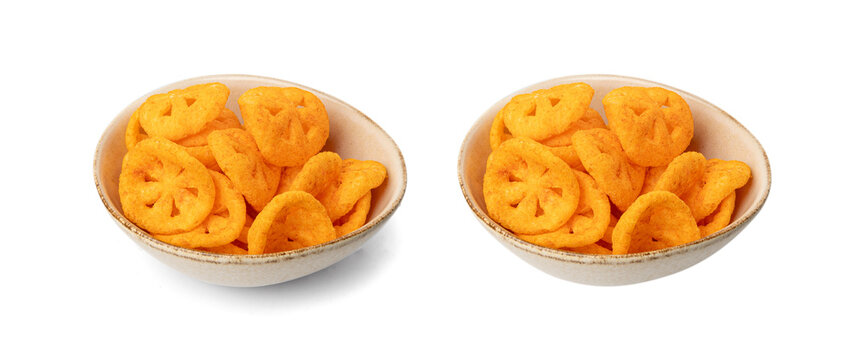 Corn puff snack isolated, crunchy cereal nosh, crispy yellow rice breakfast with paprika