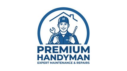 A handyman holding tools stands proudly in front of a house logo © kaneki