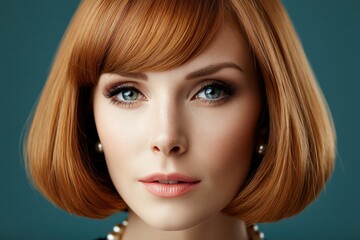 Fototapeta premium Close-up portrait of a beautiful woman with striking blue eyes, red hair, and elegant pearl jewelry.