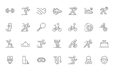Fototapeta premium Sports and Fitness Line Icons Set - Running Cycling Gym Workout and Active Lifestyle Outline Vector Collection