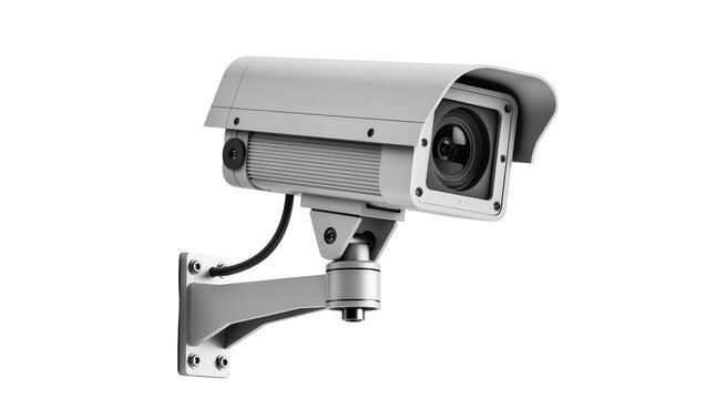 Gray security camera with mounting bracket and cable
