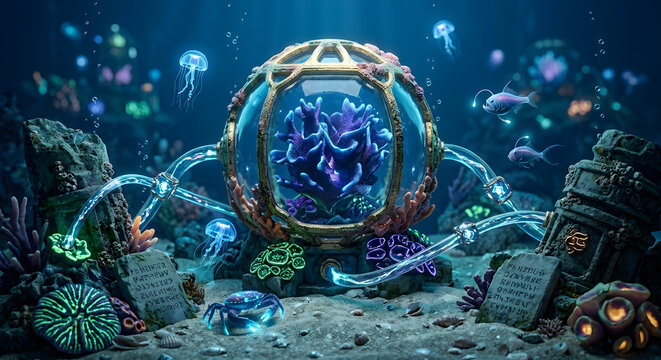 Deep ocean fantasy biome with glowing purple crystal inside protective dome