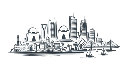 Obraz premium Modern City Skyline Sketch with Traditional Architecture and Bridge
