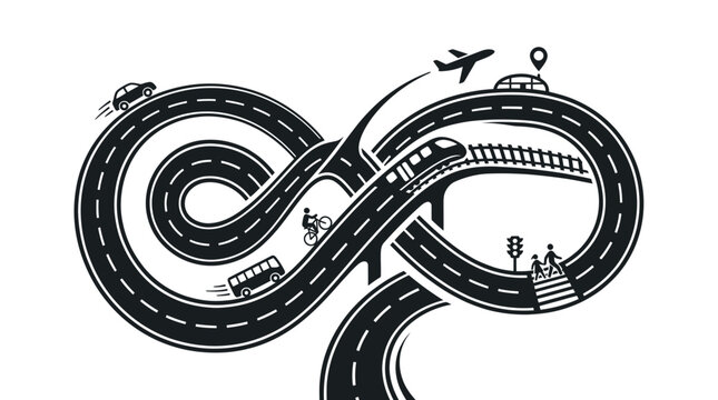 Abstract Infinity Loop Road with Diverse Transportation and People