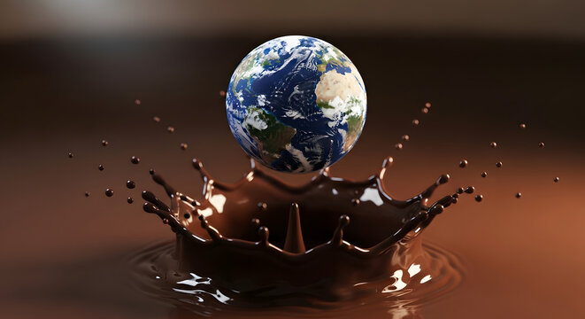 Planet earth floating above chocolate splash on brown background.