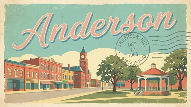 Retro Vintage Travel Postcard of Anderson Indiana Main Street Town Square with Gazebo and Historic Clock Tower Illustration