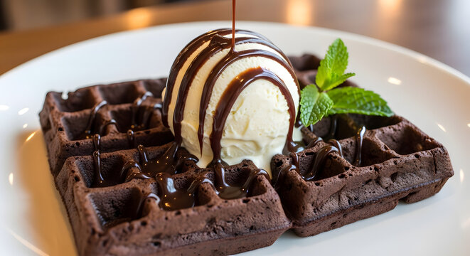 Fresh baked chocolate waffle served with scoop of vanilla ice cream and sauce.