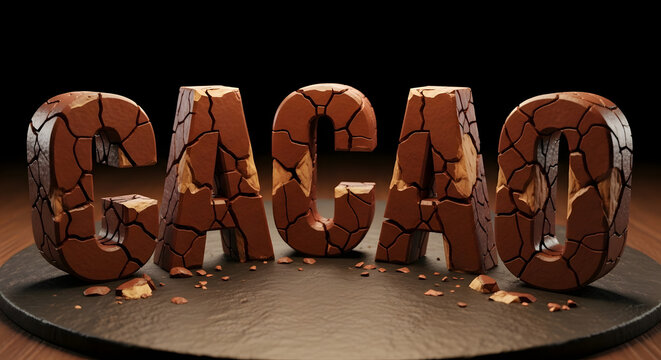 Three dimensional letters spelling cacao made from cracked chocolate texture.