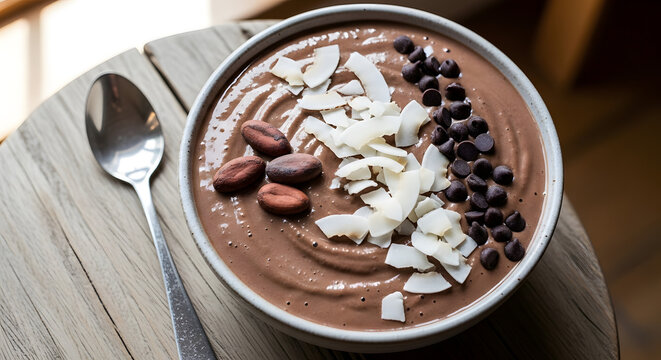 Chocolate smoothie bowl topped with cocoa beans, coconut flakes and chocolate chips.